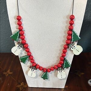 Festive Snowman and Tree Necklace - Red and Green